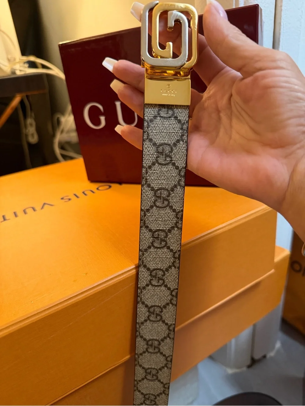 Gucci Beige GG Supreme Canvas Belt with Gold Double G Buckle